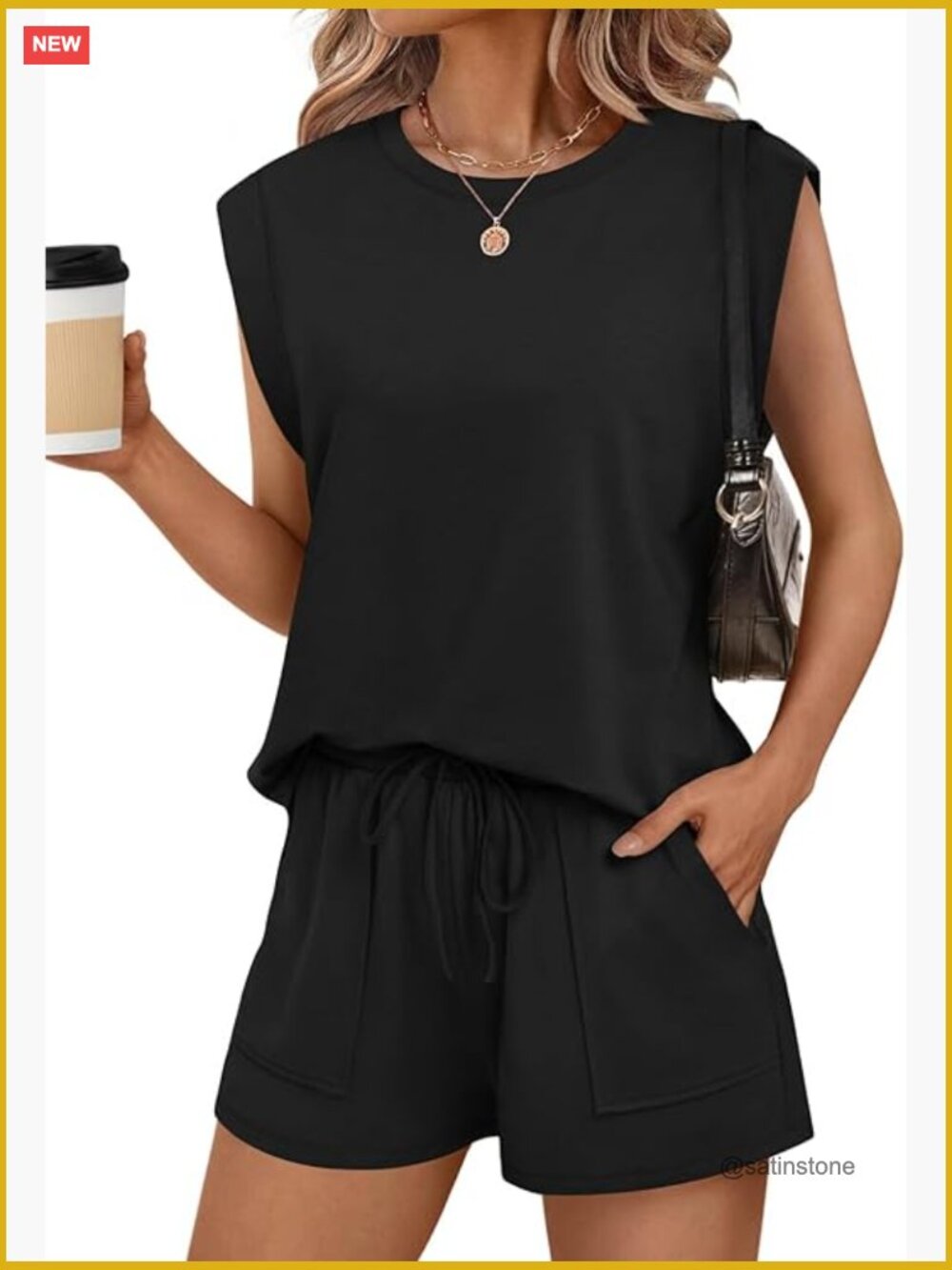 Two Piece Lounge Short Set with Pockets Cap Sleeve Crewneck Summer Outfit